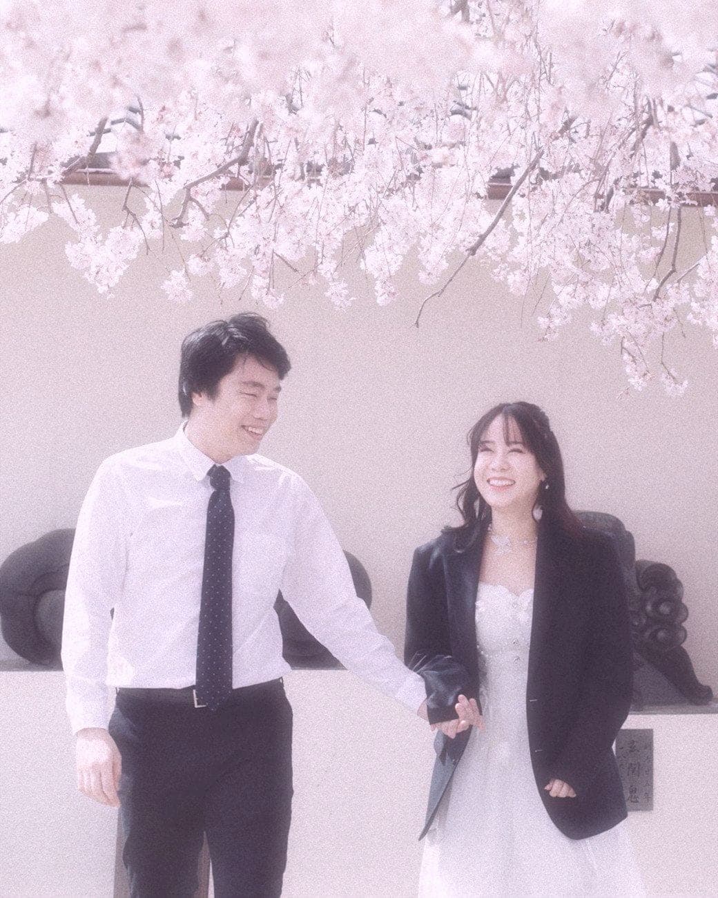 Witita and Sorratat hand in hand beneath cherry blossom in Japan